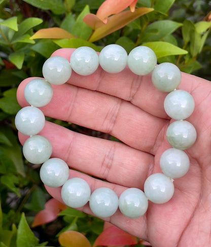 Natural Burmese Jadeite Jade Beaded Bracelet – Icy Bluish Milky White & Apple Green – 13.8mm – JBB155