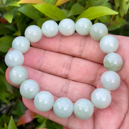 Natural Burmese Jadeite Jade Beaded Bracelet – Icy Bluish Milky White & Apple Green – 13.8mm – JBB155