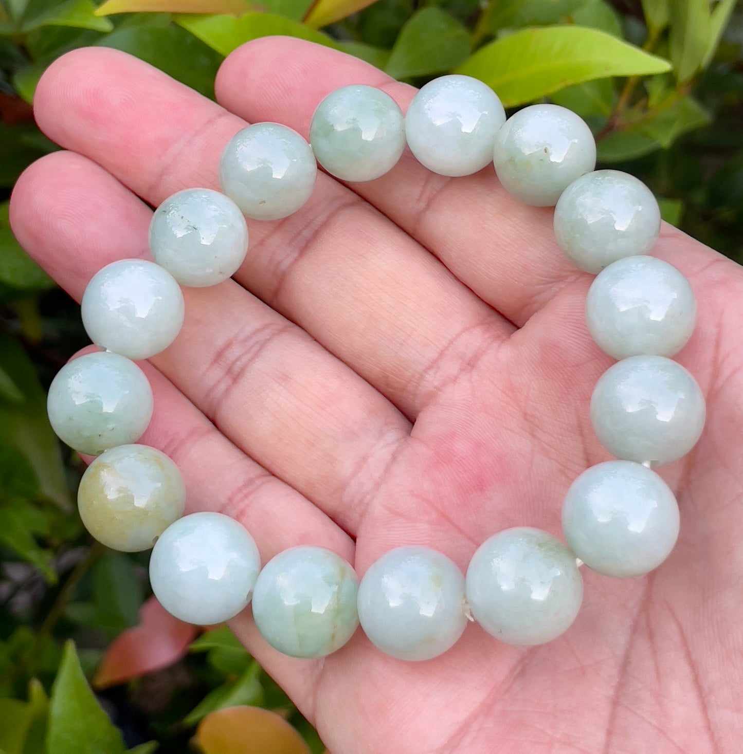 Natural Burmese Jadeite Jade Beaded Bracelet – Icy Bluish Milky White & Apple Green – 13.8mm – JBB155
