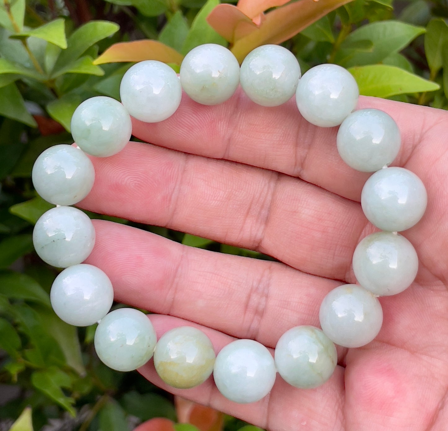 Natural Burmese Jadeite Jade Beaded Bracelet – Icy Bluish Milky White & Apple Green – 13.8mm – JBB155