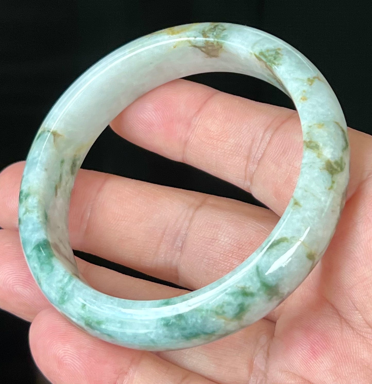 Natural Burmese Jadeite Jade Bangle – Icy Blush Apple Green with Milky White and Honey – 58.5mm – JB553