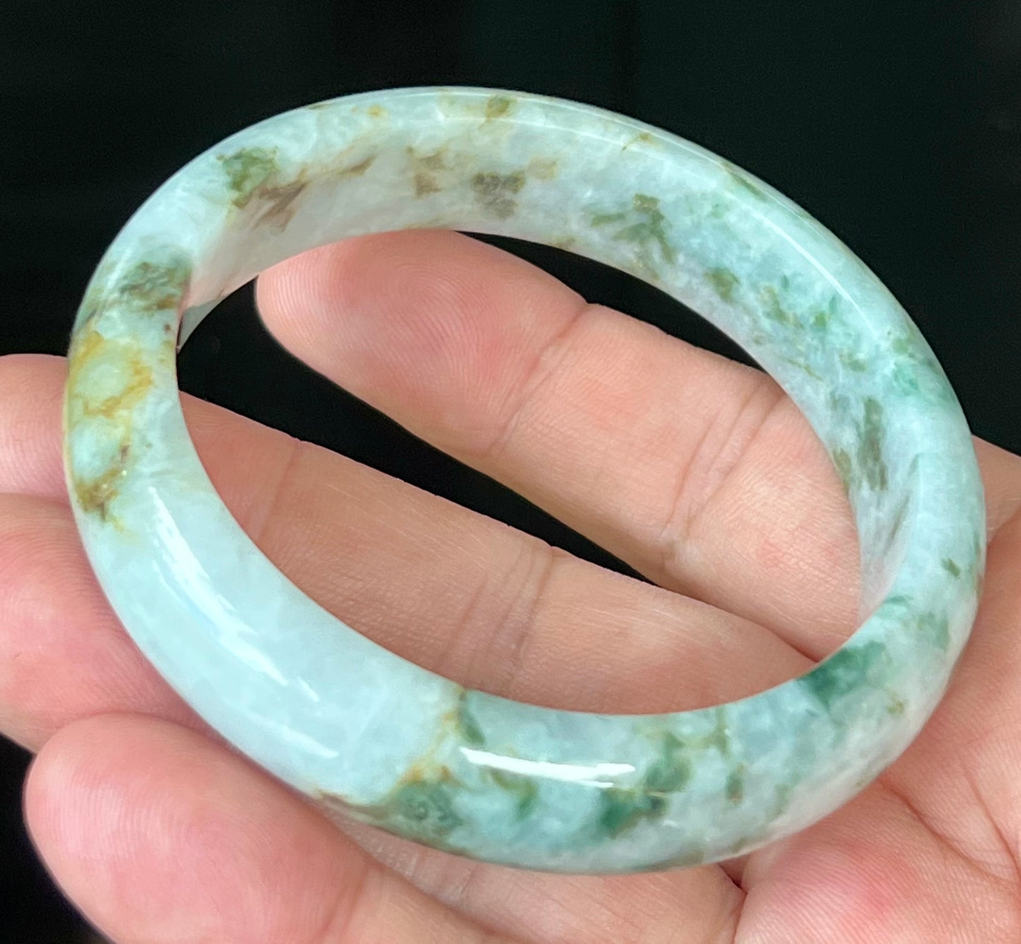 Natural Burmese Jadeite Jade Bangle – Icy Blush Apple Green with Milky White and Honey – 58.5mm – JB553
