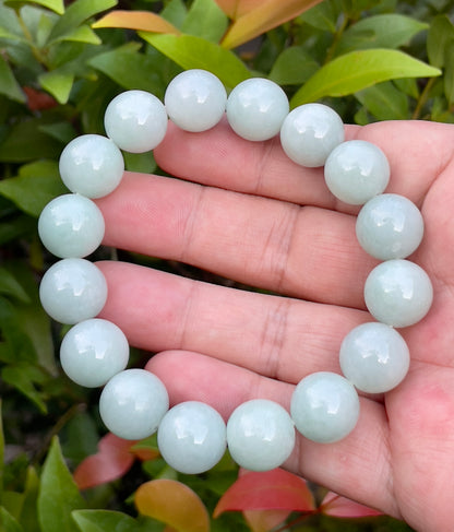 Natural Certified Burmese Jadeite Jade Beaded Bracelet – Icy Bluish Apple Green & Milky White – 14mm – JBB153