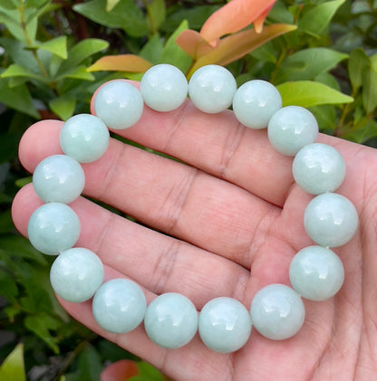 Natural Certified Burmese Jadeite Jade Beaded Bracelet – Icy Bluish Apple Green & Milky White – 14mm – JBB153