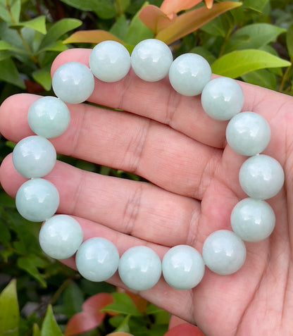Natural Certified Burmese Jadeite Jade Beaded Bracelet – Icy Bluish Apple Green & Milky White – 14mm – JBB153