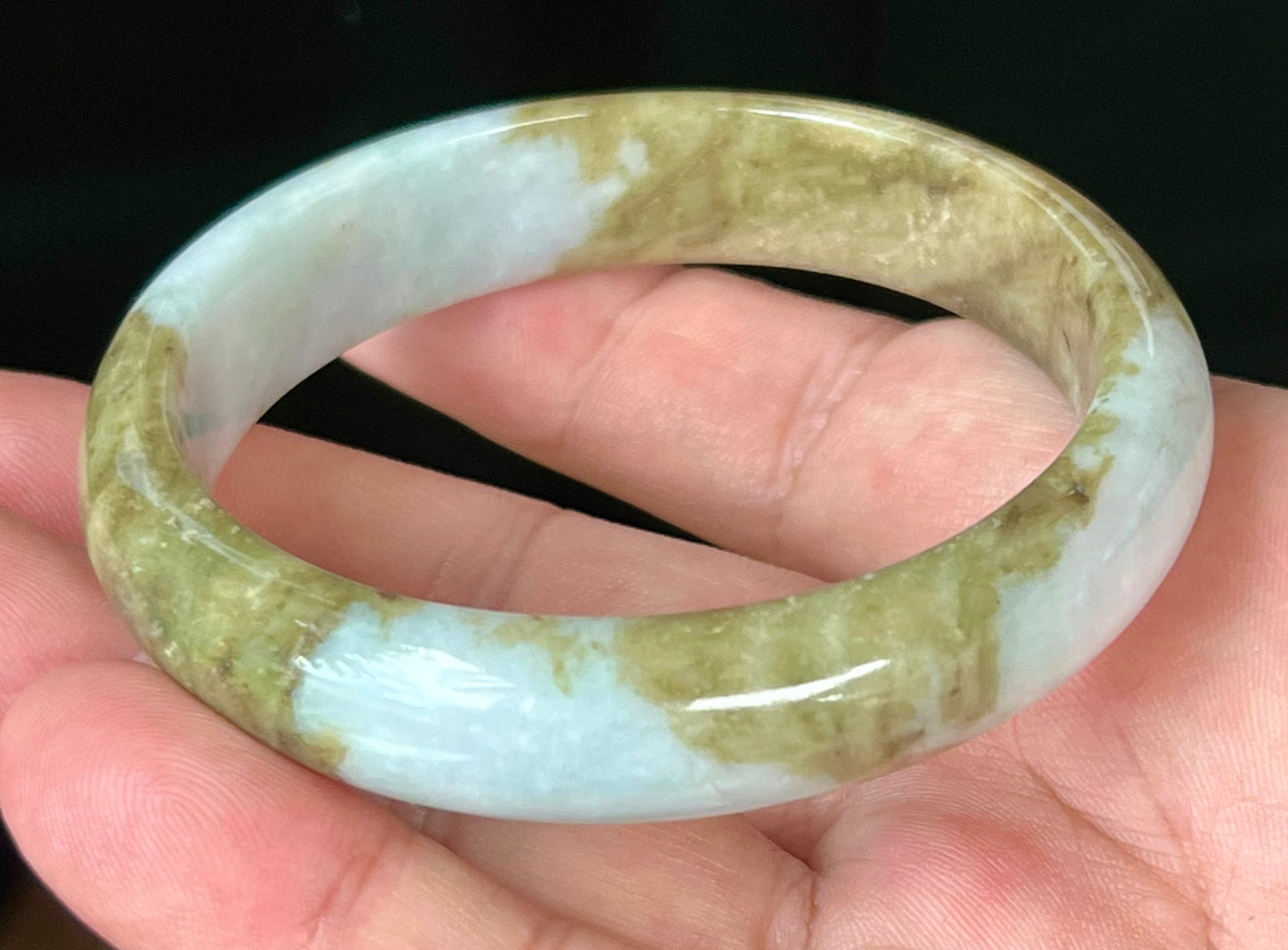 Natural Burmese Jadeite Jade Bangle – Spicy Milky White with Brownish Moss Green – 58.5mm – JB555
