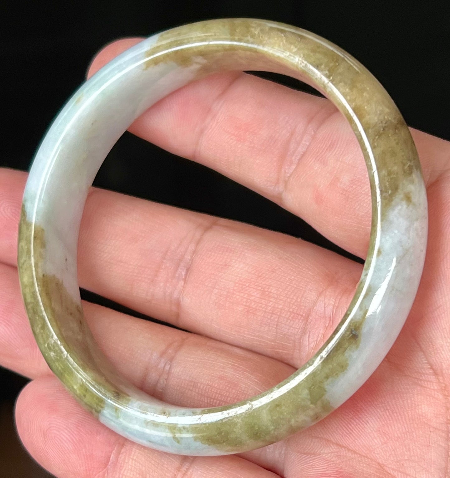 Natural Burmese Jadeite Jade Bangle – Spicy Milky White with Brownish Moss Green – 58.5mm – JB555