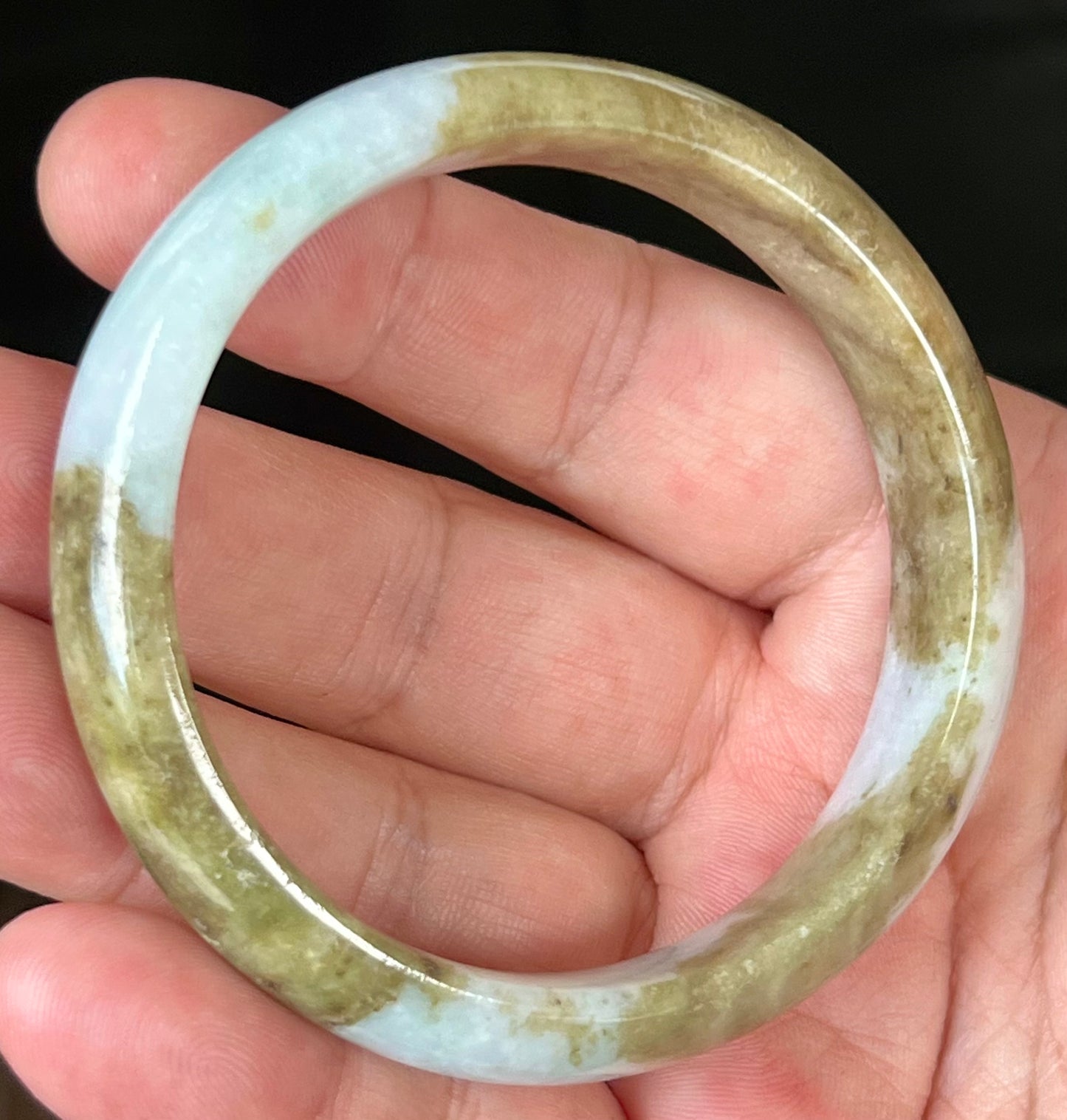 Natural Burmese Jadeite Jade Bangle – Spicy Milky White with Brownish Moss Green – 58.5mm – JB555