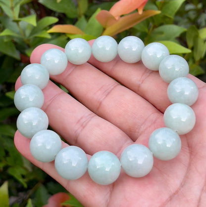 Natural Certified Burmese Jadeite Jade Beaded Bracelet – Icy Bluish Apple Green & Milky White – 14mm – JBB153