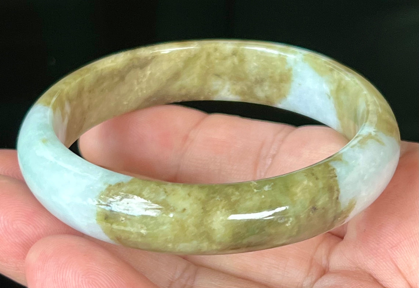 Natural Burmese Jadeite Jade Bangle – Spicy Milky White with Brownish Moss Green – 58.5mm – JB555