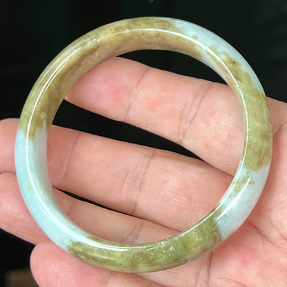 Natural Burmese Jadeite Jade Bangle – Spicy Milky White with Brownish Moss Green – 58.5mm – JB555