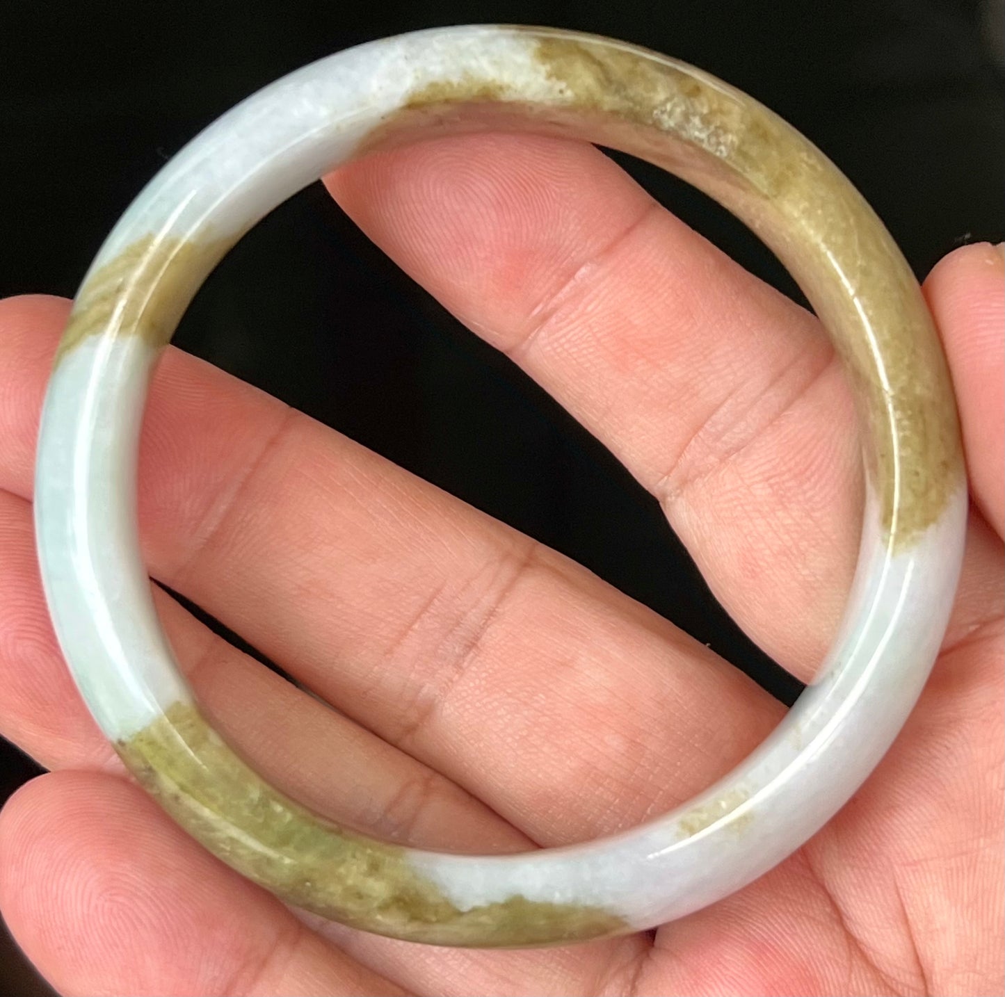 Natural Burmese Jadeite Jade Bangle – Spicy Milky White with Brownish Moss Green – 58.5mm – JB555
