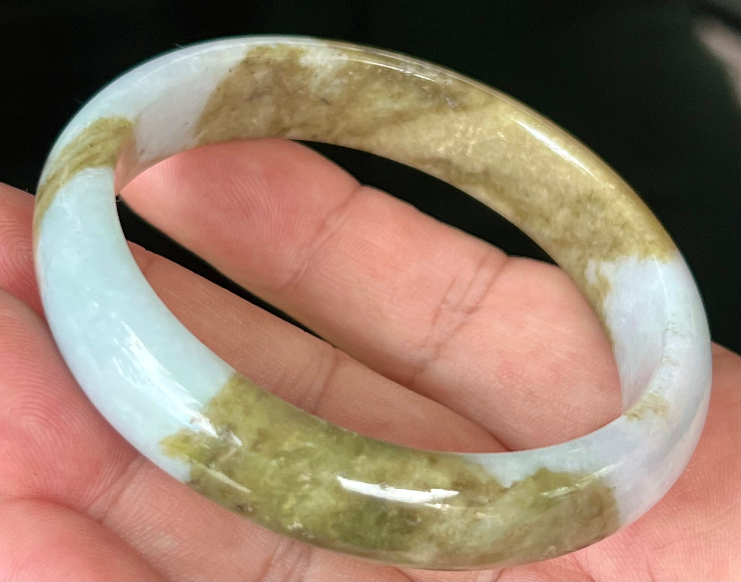 Natural Burmese Jadeite Jade Bangle – Spicy Milky White with Brownish Moss Green – 58.5mm – JB555