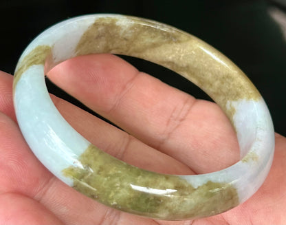 Natural Burmese Jadeite Jade Bangle – Spicy Milky White with Brownish Moss Green – 58.5mm – JB555