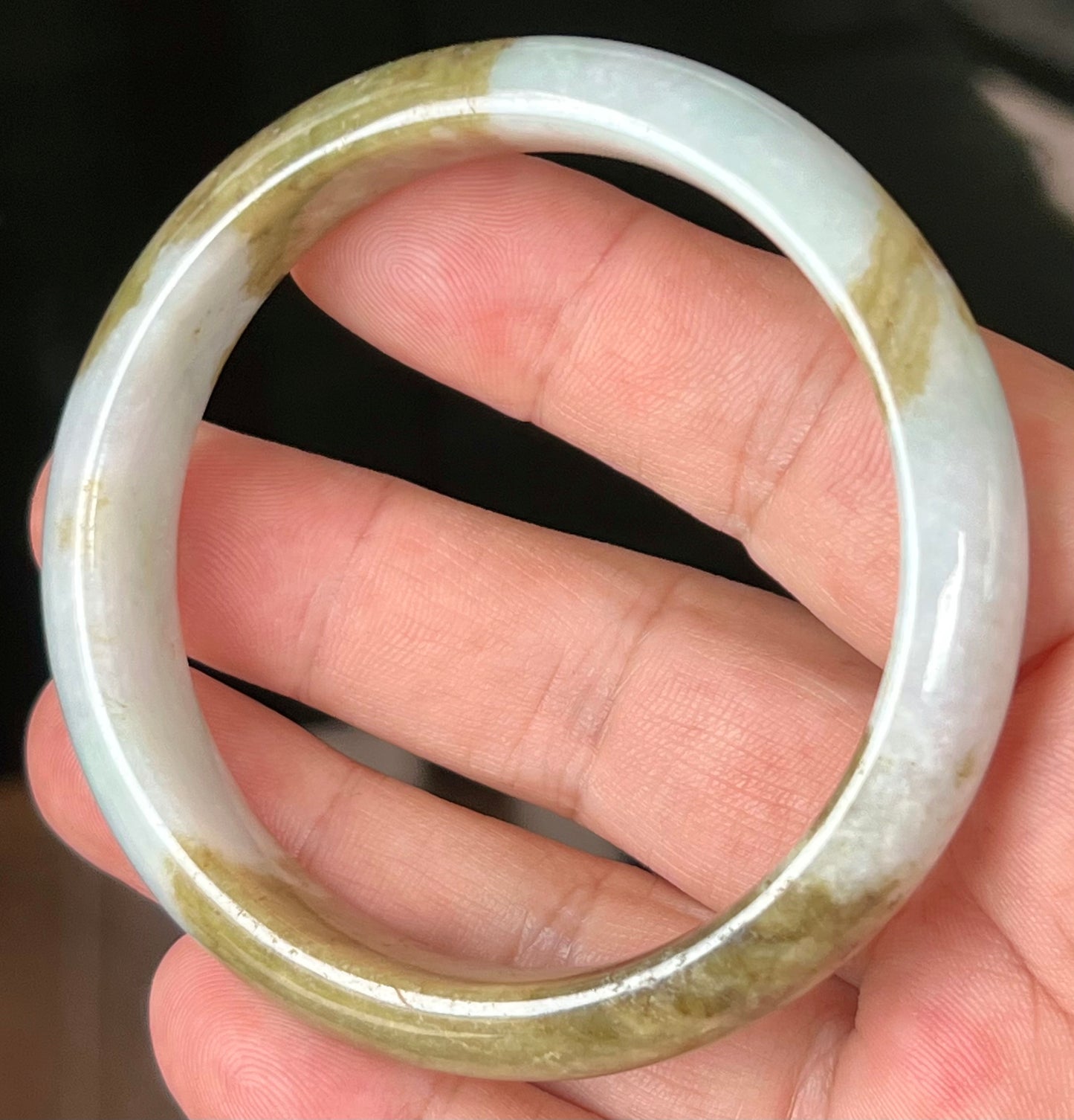Natural Burmese Jadeite Jade Bangle – Spicy Milky White with Brownish Moss Green – 58.5mm – JB555