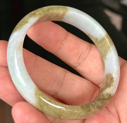 Natural Burmese Jadeite Jade Bangle – Spicy Milky White with Brownish Moss Green – 58.5mm – JB555