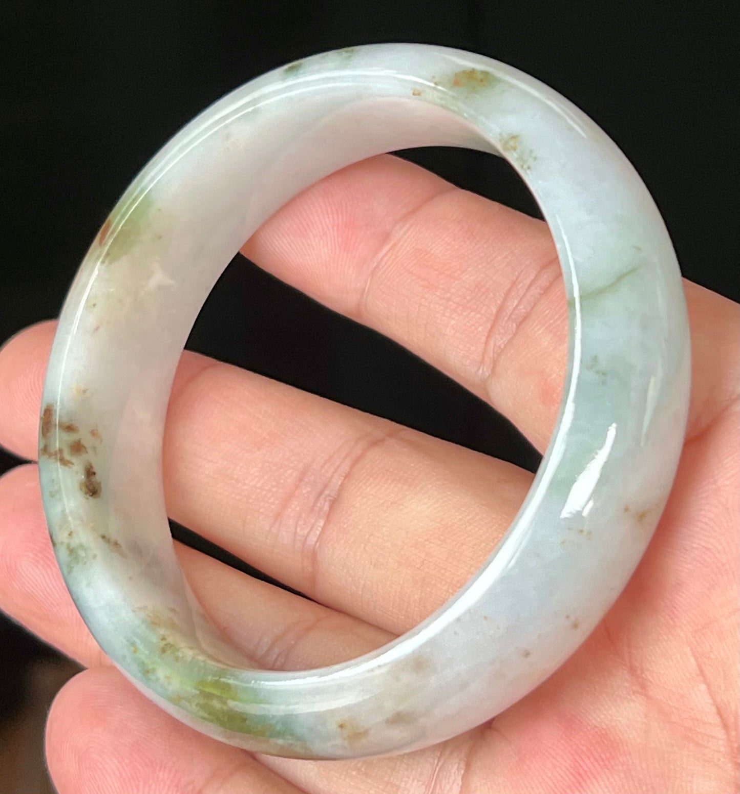 Natural Burmese Jadeite Jade Bangle – Icy Apple Green & Moss Green with Milky White and Red Hues – 57mm – JB556