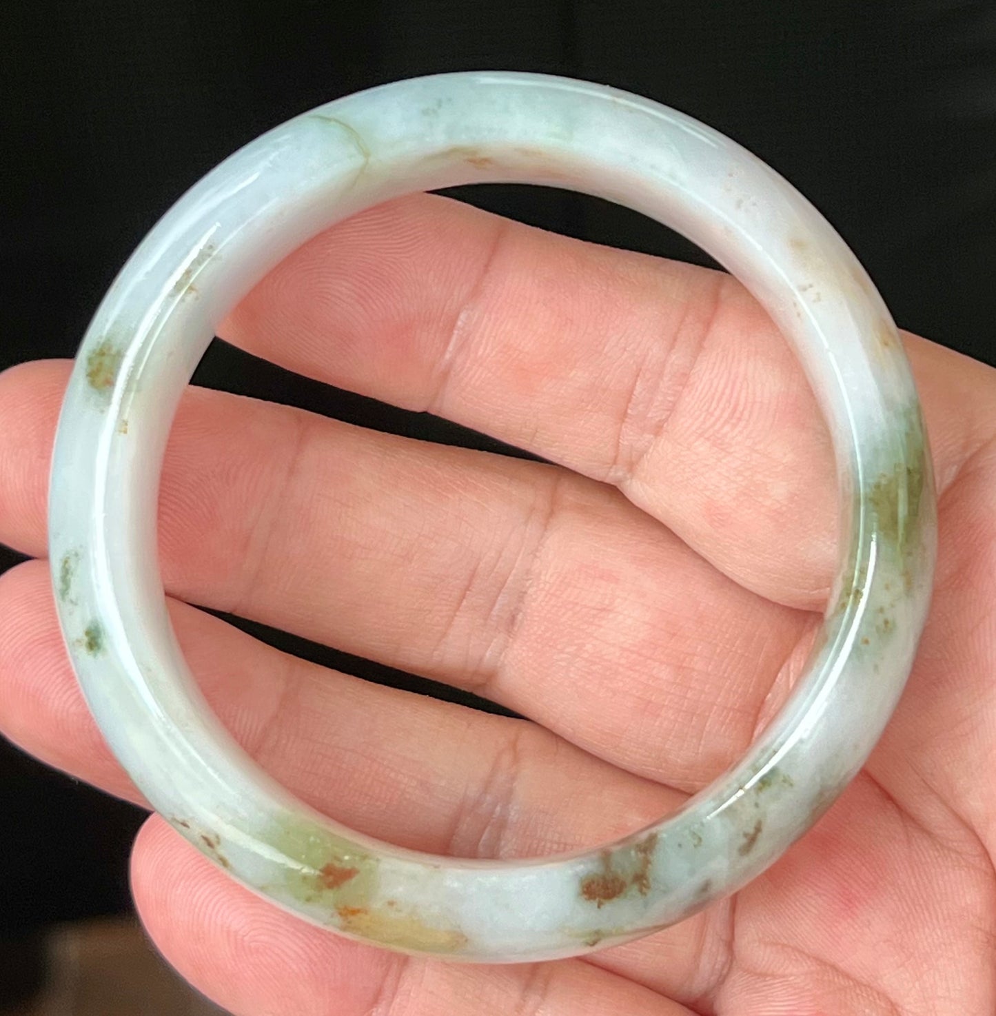 Natural Burmese Jadeite Jade Bangle – Icy Apple Green & Moss Green with Milky White and Red Hues – 57mm – JB556