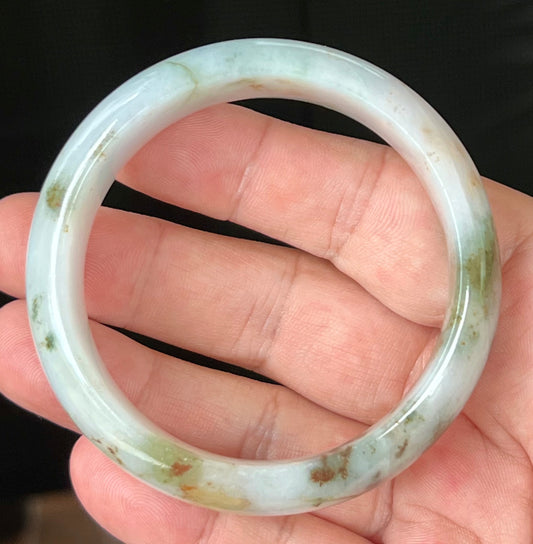 Natural Grade A Burmese Jadeite Jade Bangle – Icy Apple Green & Moss Green with Milky White and Red Hues – 57mm – JB556
