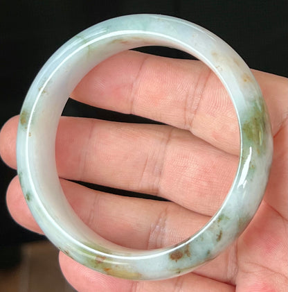 Natural Burmese Jadeite Jade Bangle – Icy Apple Green & Moss Green with Milky White and Red Hues – 57mm – JB556