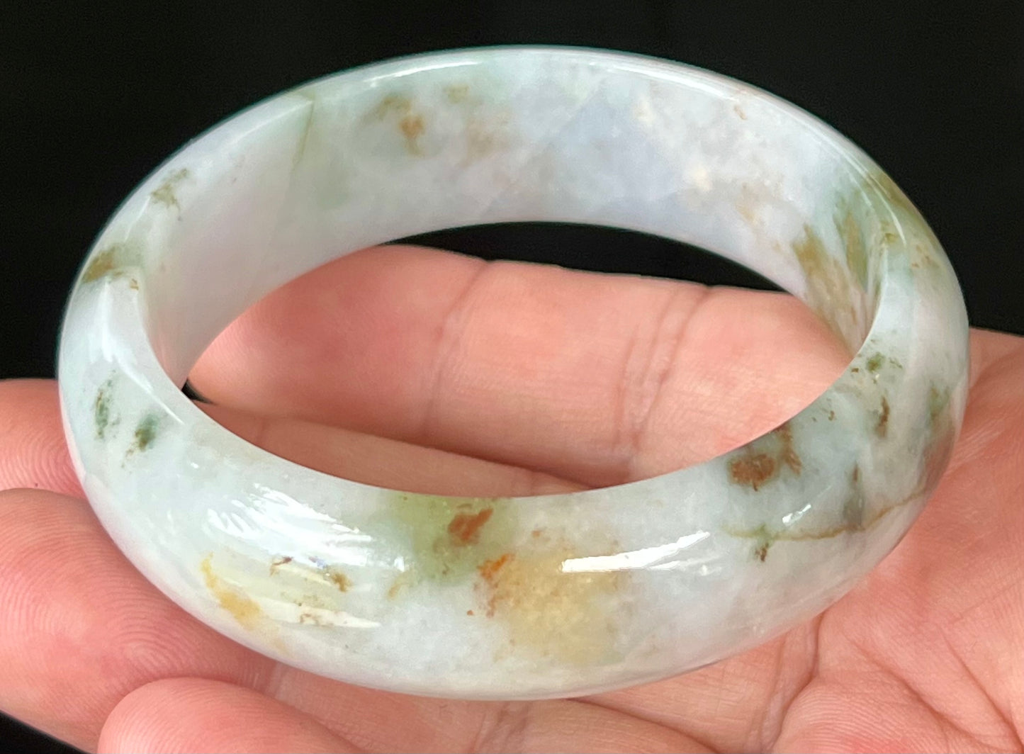 Natural Burmese Jadeite Jade Bangle – Icy Apple Green & Moss Green with Milky White and Red Hues – 57mm – JB556