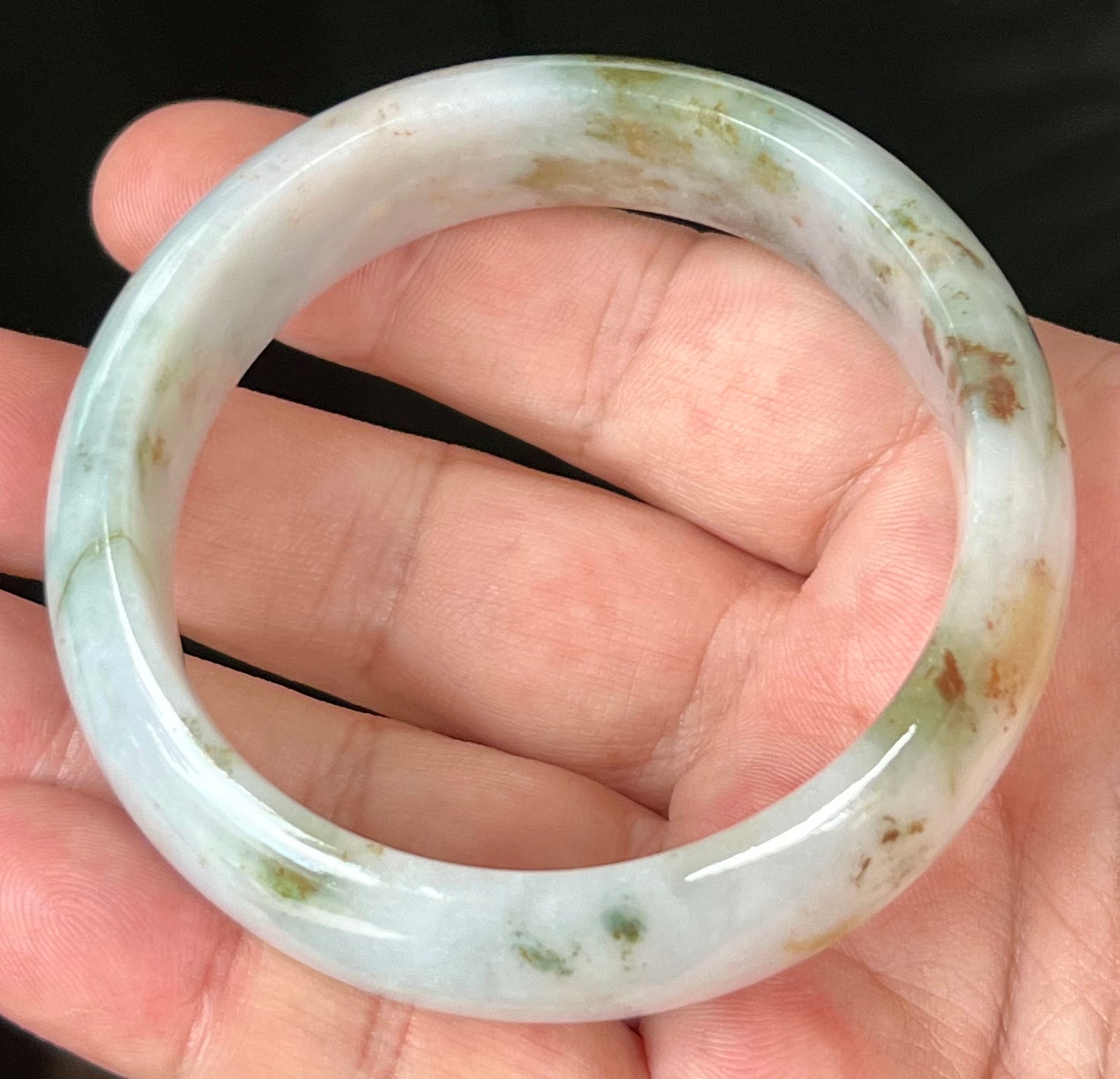 Natural Burmese Jadeite Jade Bangle – Icy Apple Green & Moss Green with Milky White and Red Hues – 57mm – JB556