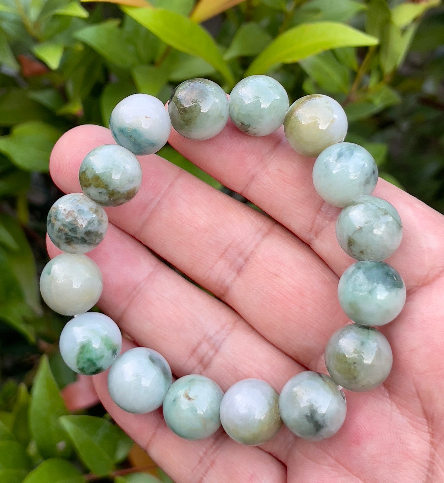 Natural Burmese Jadeite Jade Beaded Bracelet – Multicolor Apple & Moss Green – 13.5mm – JBO55