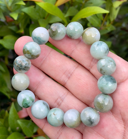 Natural Burmese Jadeite Jade Beaded Bracelet – Multicolor Apple & Moss Green – 13.5mm – JBO55