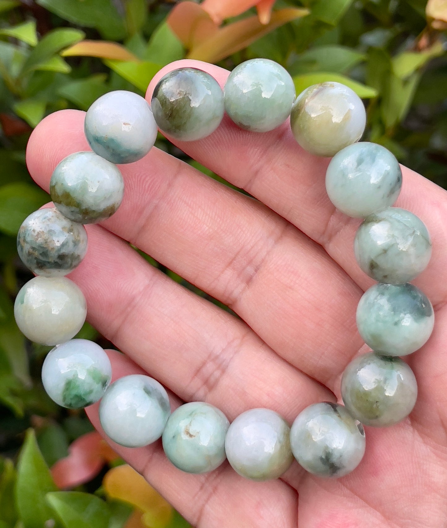 Natural Burmese Jadeite Jade Beaded Bracelet – Multicolor Apple & Moss Green – 13.5mm – JBO55