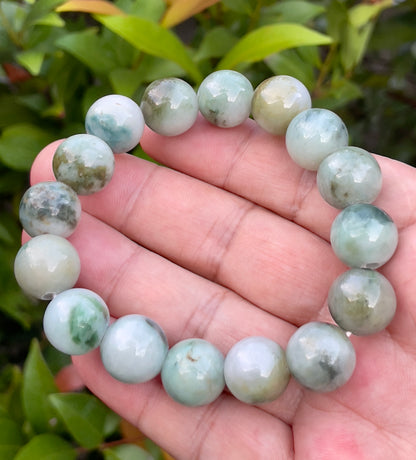 Natural Burmese Jadeite Jade Beaded Bracelet – Multicolor Apple & Moss Green – 13.5mm – JBO55