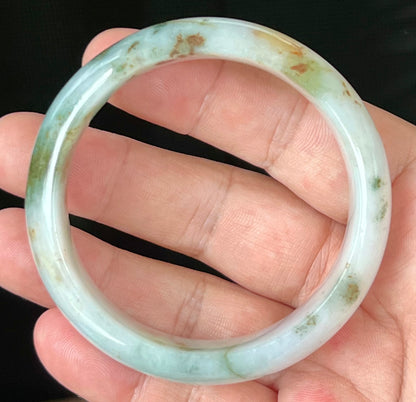 Natural Burmese Jadeite Jade Bangle – Icy Apple Green & Moss Green with Milky White and Red Hues – 57mm – JB556