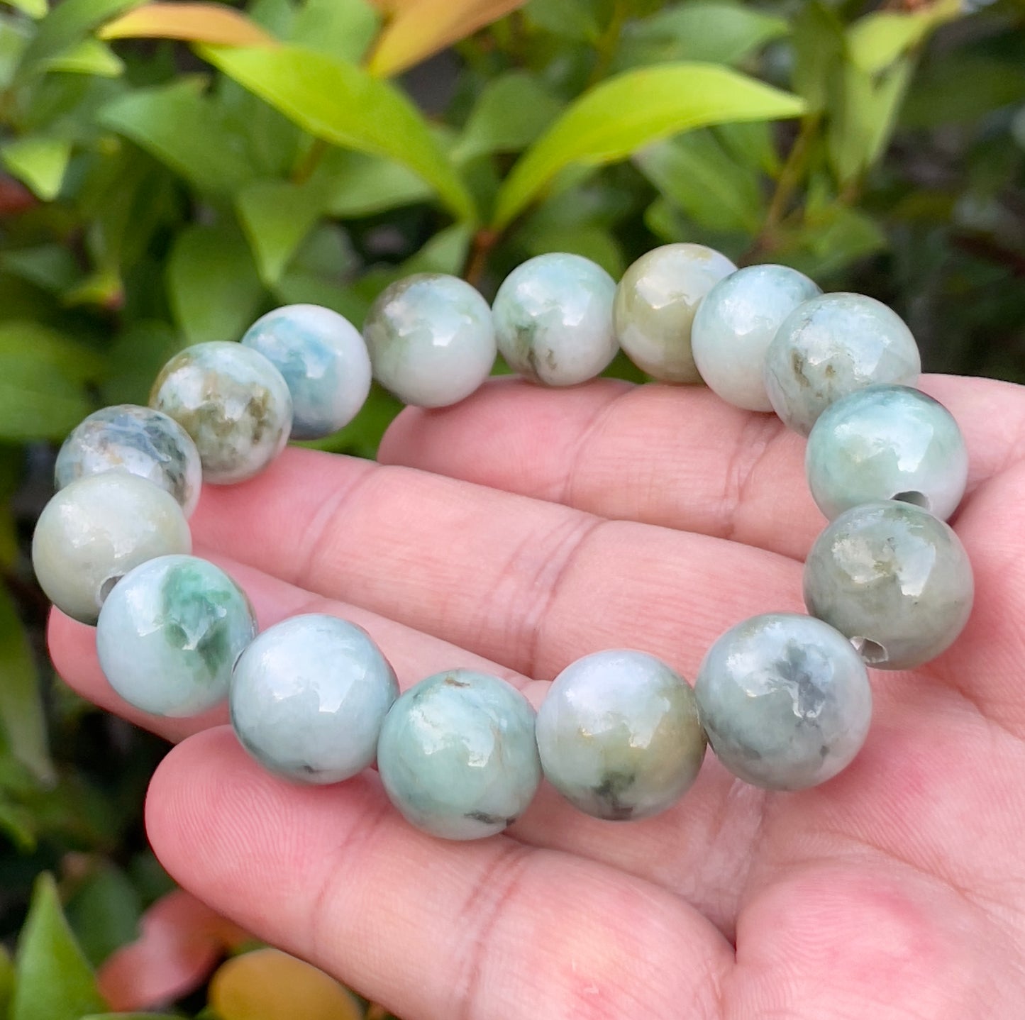 Natural Burmese Jadeite Jade Beaded Bracelet – Multicolor Apple & Moss Green – 13.5mm – JBO55