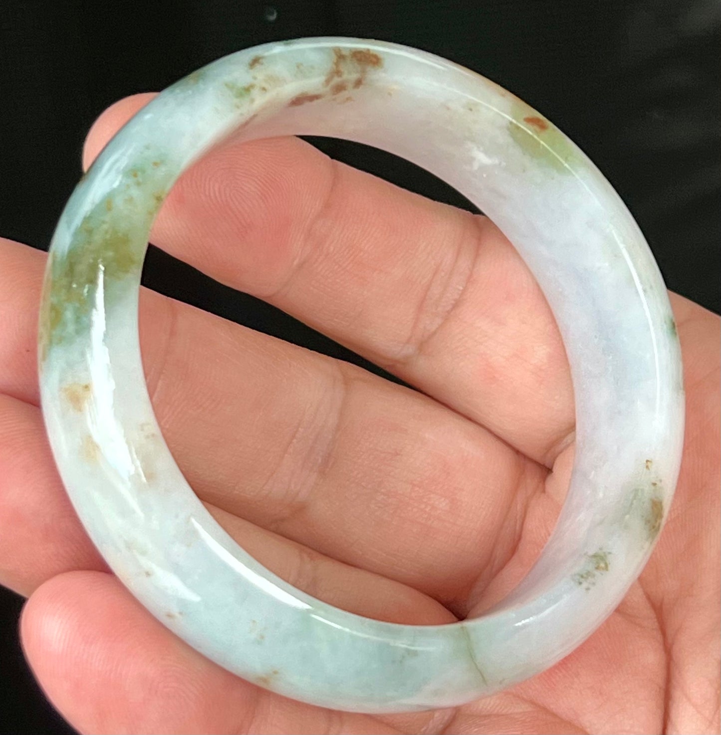 Natural Burmese Jadeite Jade Bangle – Icy Apple Green & Moss Green with Milky White and Red Hues – 57mm – JB556
