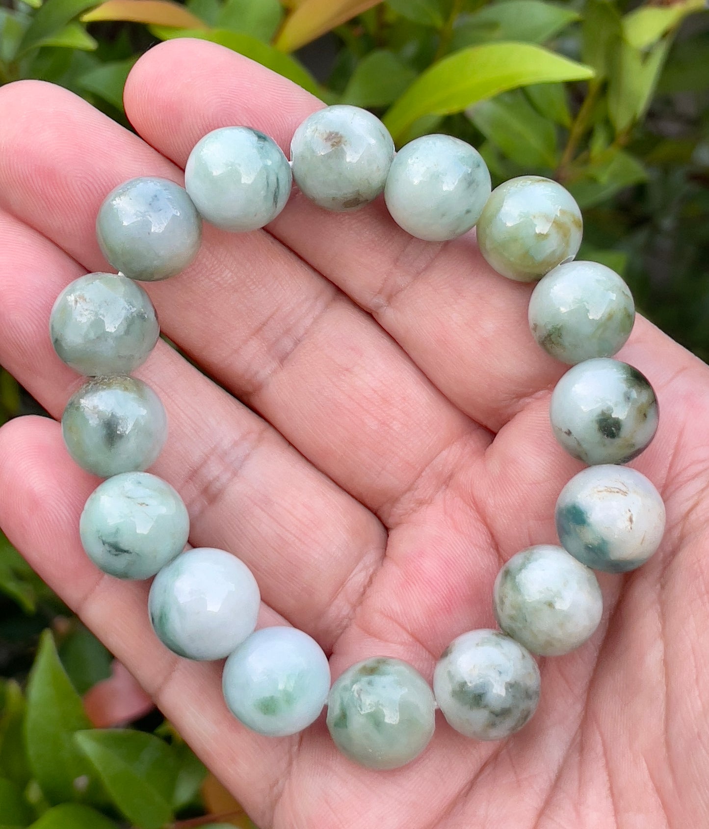 Natural Burmese Jadeite Jade Beaded Bracelet – Multicolor Apple & Moss Green – 13.5mm – JBO55