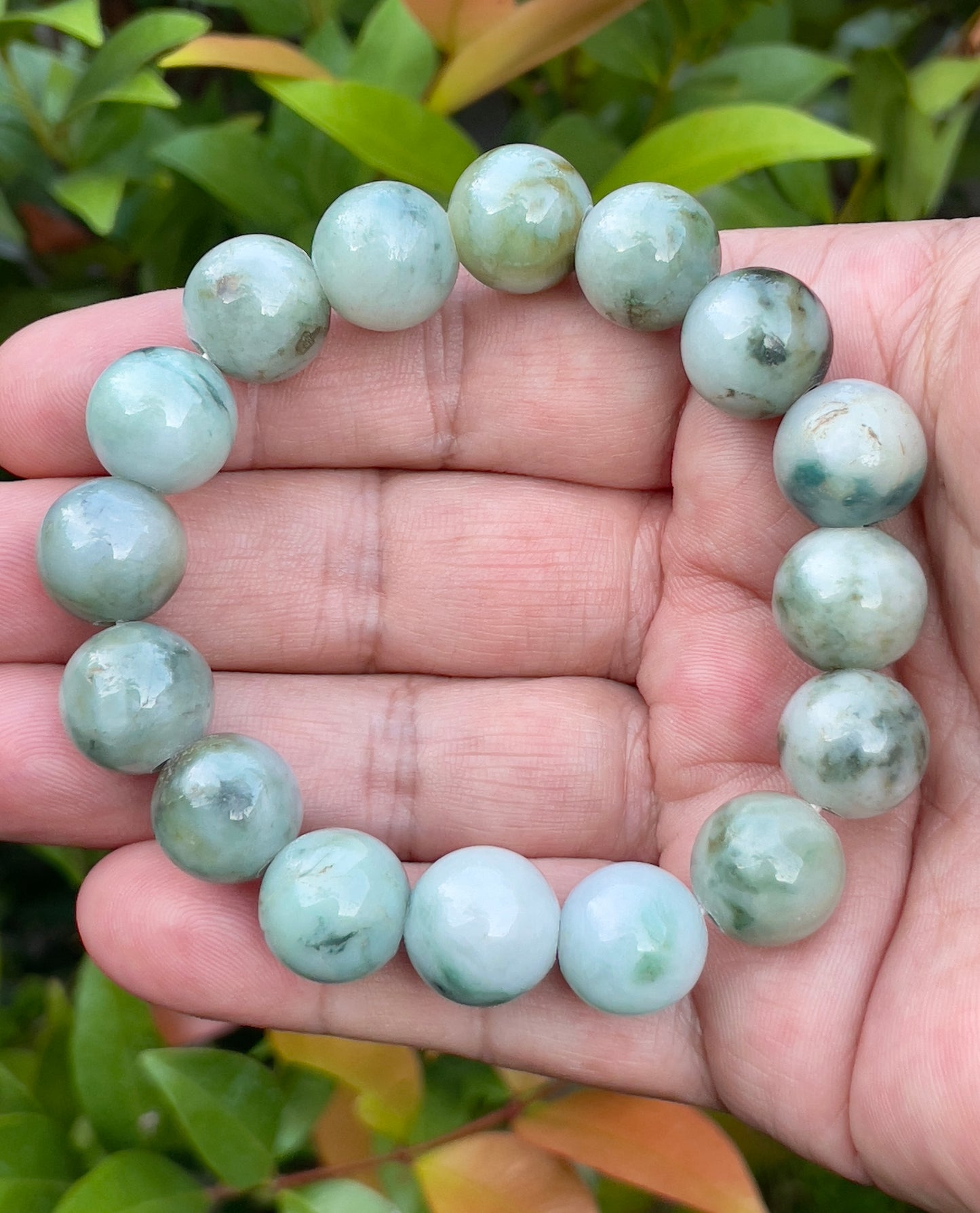 Natural Burmese Jadeite Jade Beaded Bracelet – Multicolor Apple & Moss Green – 13.5mm – JBO55