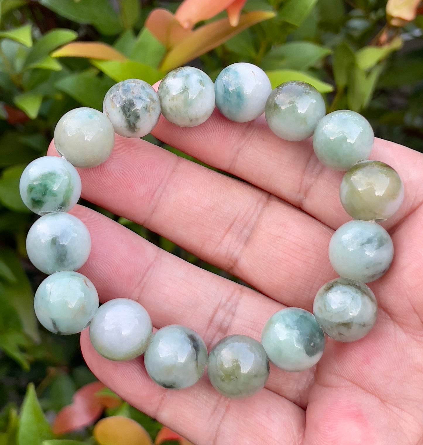 Natural Burmese Jadeite Jade Beaded Bracelet – Multicolor Apple & Moss Green – 13.5mm – JBO55