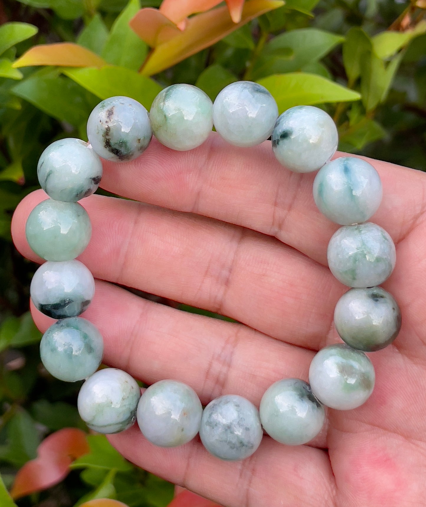 Natural Burmese Jadeite Jade Beaded Bracelet – Multicolor Icy Bluish, Apple Green & Milky White – 14mm – JBO066