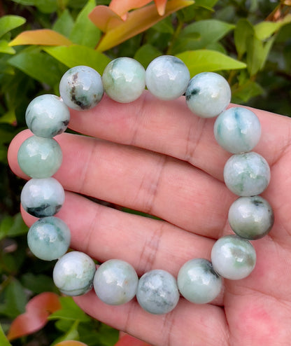 Natural Burmese Jadeite Jade Beaded Bracelet – Multicolor Icy Bluish, Apple Green & Milky White – 14mm – JBO066
