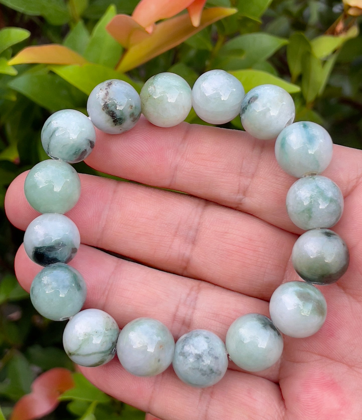 Natural Burmese Jadeite Jade Beaded Bracelet – Multicolor Icy Bluish, Apple Green & Milky White – 14mm – JBO066