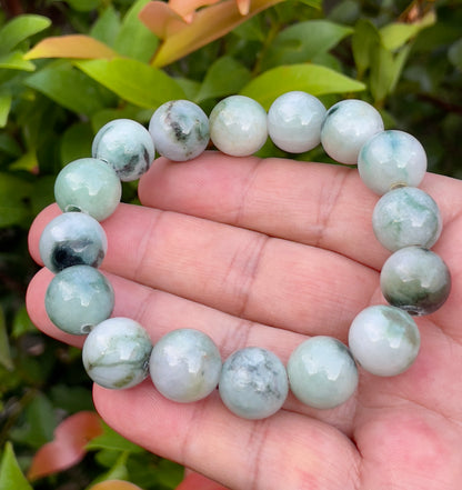 Natural Burmese Jadeite Jade Beaded Bracelet – Multicolor Icy Bluish, Apple Green & Milky White – 14mm – JBO066