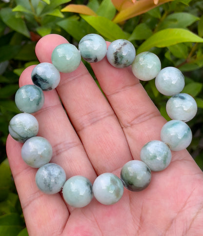 Natural Burmese Jadeite Jade Beaded Bracelet – Multicolor Icy Bluish, Apple Green & Milky White – 14mm – JBO066