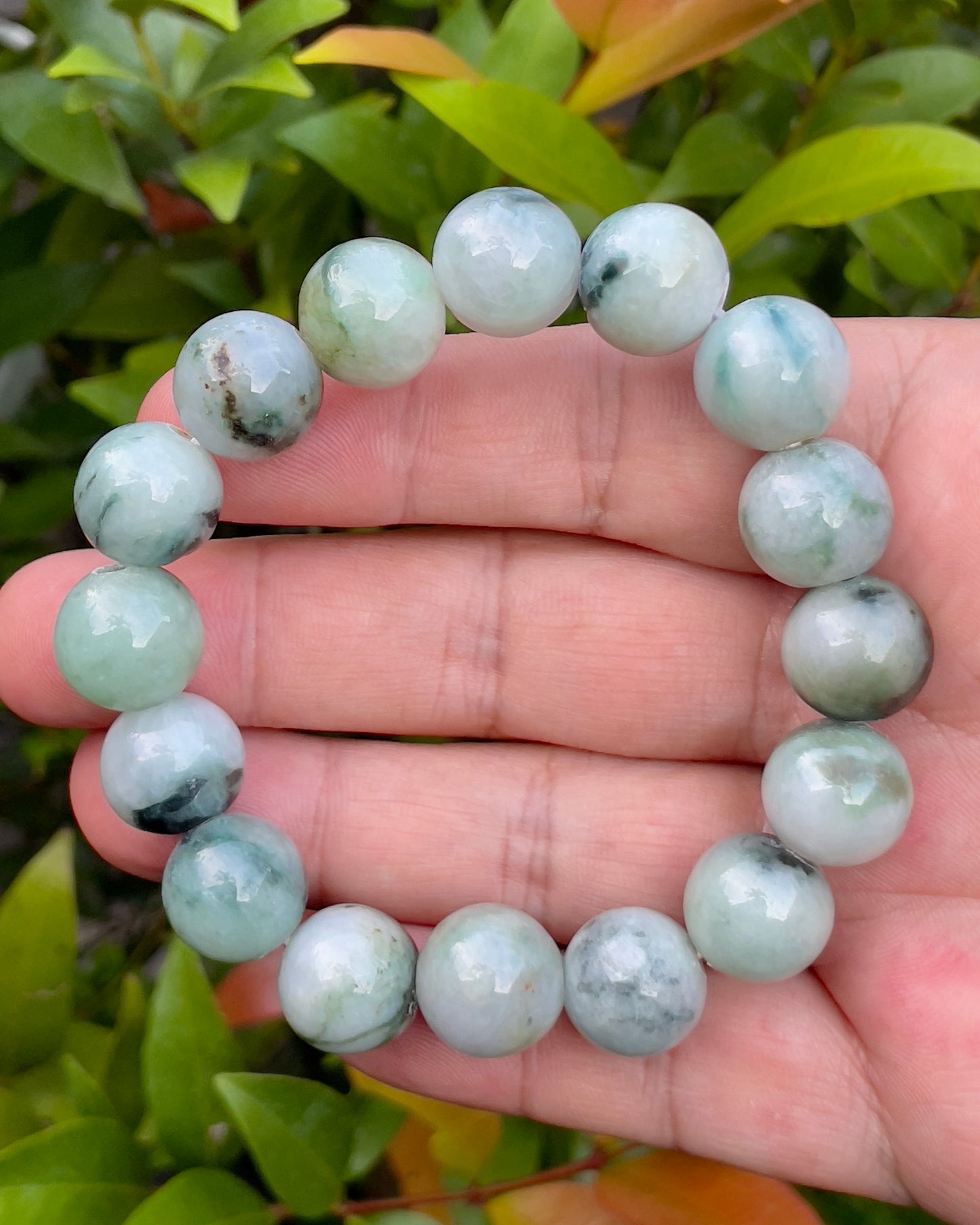 Natural Burmese Jadeite Jade Beaded Bracelet – Multicolor Icy Bluish, Apple Green & Milky White – 14mm – JBO066