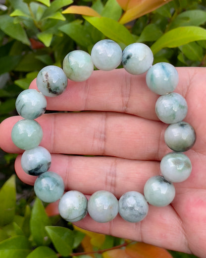Natural Burmese Jadeite Jade Beaded Bracelet – Multicolor Icy Bluish, Apple Green & Milky White – 14mm – JBO066