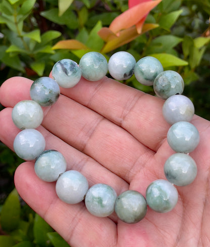 Natural Burmese Jadeite Jade Beaded Bracelet – Multicolor Icy Bluish, Apple Green & Milky White – 14mm – JBO066