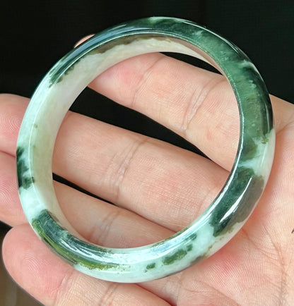 Natural Certified Burmese Jadeite Jade Bangle – Icy Deep Forest Green with Milky White – 57.2mm – JB559