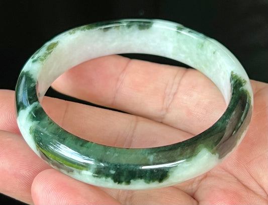 Natural Certified Burmese Jadeite Jade Bangle – Icy Deep Forest Green with Milky White – 57.2mm – JB559