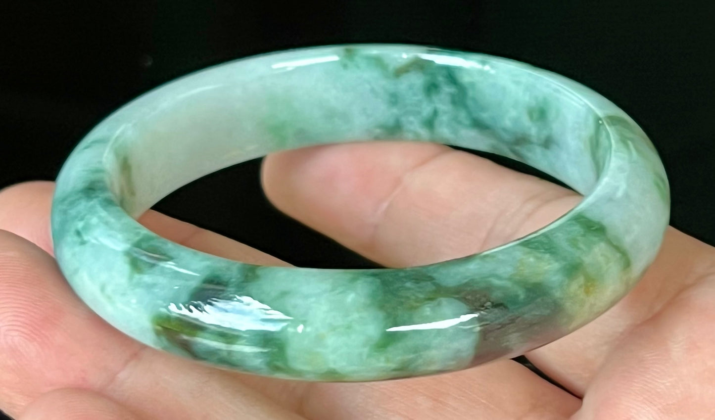 Natural Certified Burmese Jadeite Jade Bangle – Icy Apple Green & Imperial Green with Bluish Milky White and Black Hues – 57.7mm – JB561