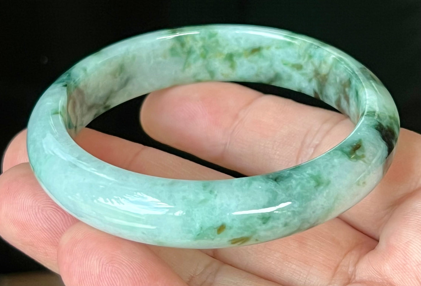 Natural Certified Burmese Jadeite Jade Bangle – Icy Apple Green & Imperial Green with Bluish Milky White and Black Hues – 57.7mm – JB561