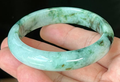 Natural Certified Burmese Jadeite Jade Bangle – Icy Apple Green & Imperial Green with Bluish Milky White and Black Hues – 57.7mm – JB561