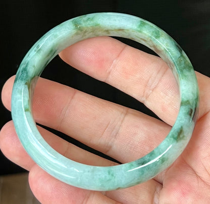 Natural Certified Burmese Jadeite Jade Bangle – Icy Apple Green & Imperial Green with Bluish Milky White and Black Hues – 57.7mm – JB561